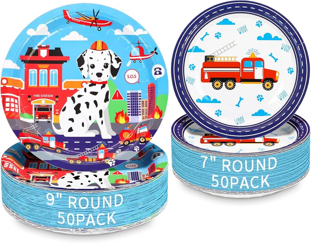 DYLIVeS 100 Pack Firetruck and Dog Plates, Fire Station Fire Dog Dinner Plates Fire Truck Dessert Plates Spotted Dogs Tableware Fire Truck Birthday Party Decorations Firedog Party Supplies for Kids