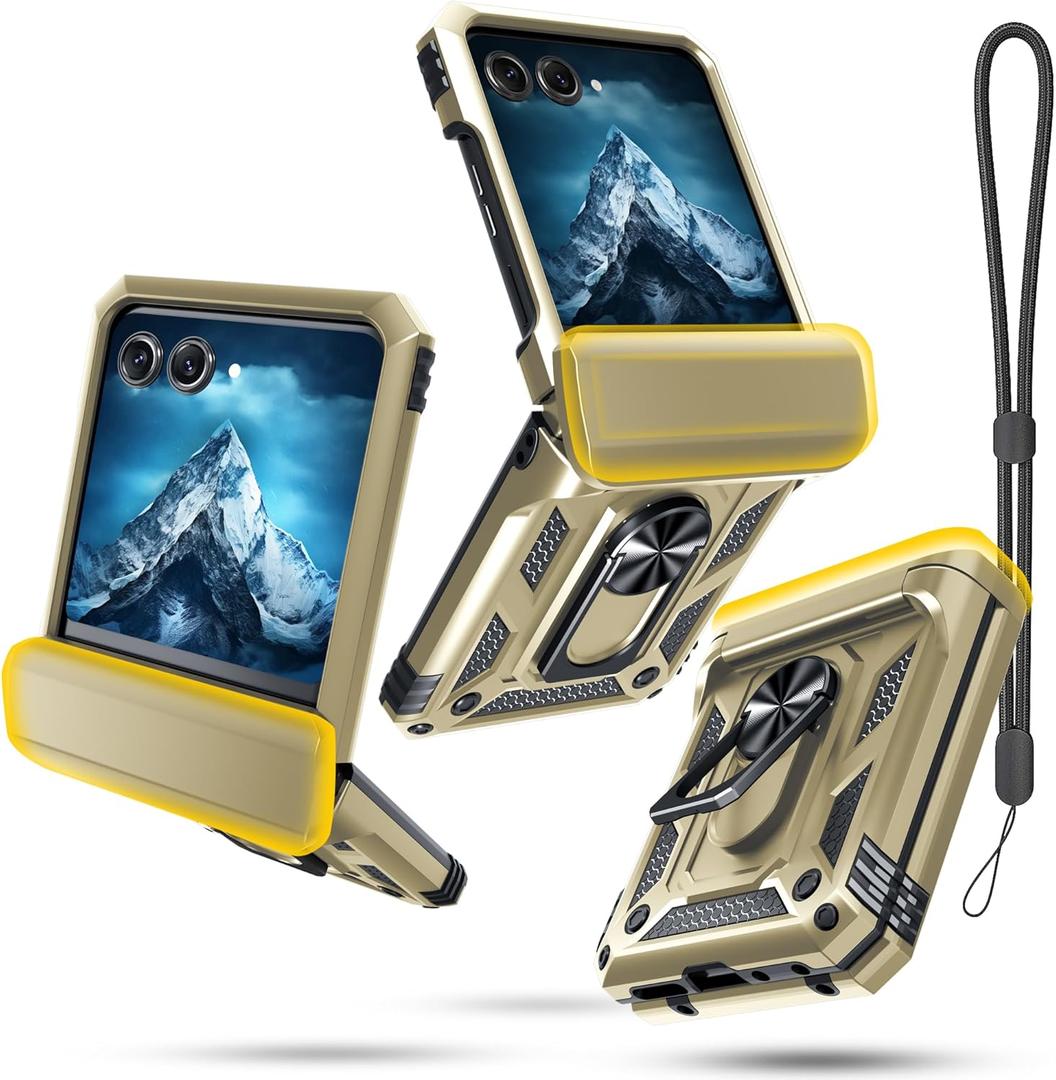 Janmitta Compatible with Moto Razr 2024/2025 Case,Razr+ Plus 2024/2025 Case with Lanyard+Hinge Protection+Finger Ring Holder Kickstand,Dual-Layer Full Body Protective Shockproof Phone Cover,Gold