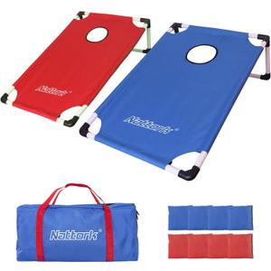 Portable Cornhole Set PVC Framed Corn Holes Outdoor Game Set with 2 Cornhole Boards, 8 Cornhole Bean Bags and Carrying Case, Camping Games Indoor Outdoor for Kids and Adults, Travel Camping Accessory (Red & Blue Framed)