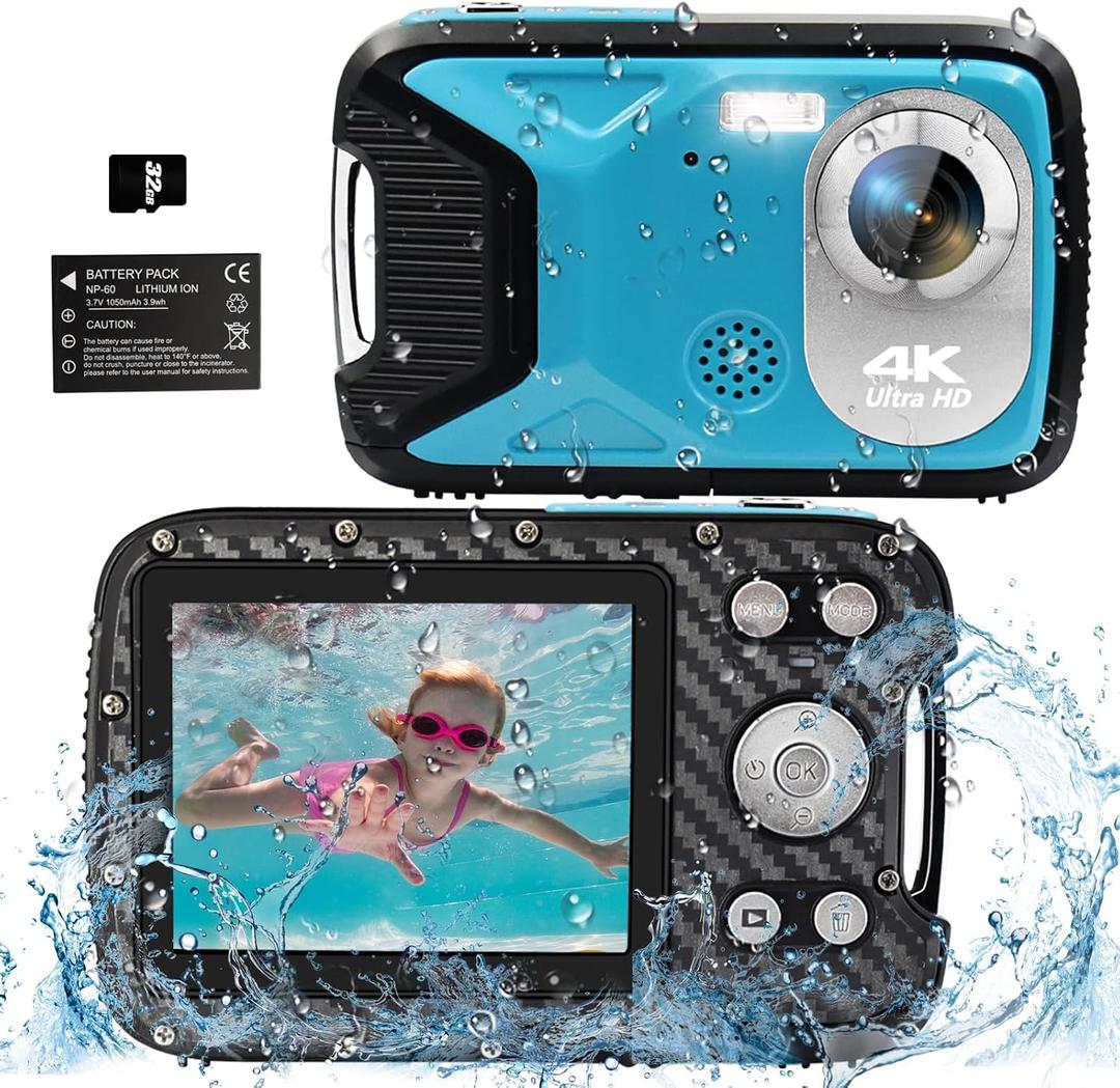4K 16FT Underwater Camera, 48MP Waterproof Digital Camera with 32GB Card, Compact 18X Zoom Waterproof Camera for Snorkeling Swimming Vacation, Blue