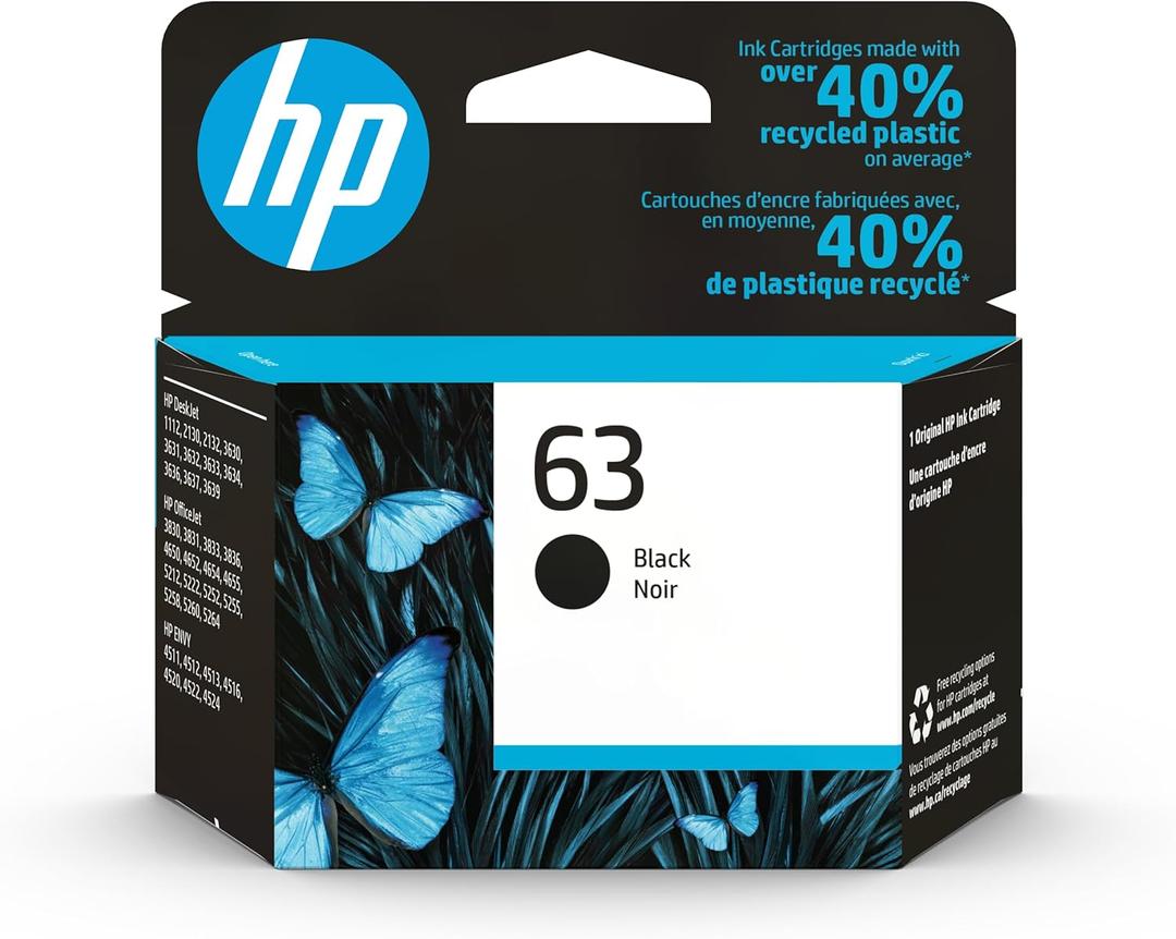 HP 63 Black Ink Cartridge | Works with DeskJet 1112, 2130, 3630; Envy 4510, 4520; OfficeJet 3830, 4650, 5200 Series | Eligible for Instant Ink | F6U62AN (170 Pages)
