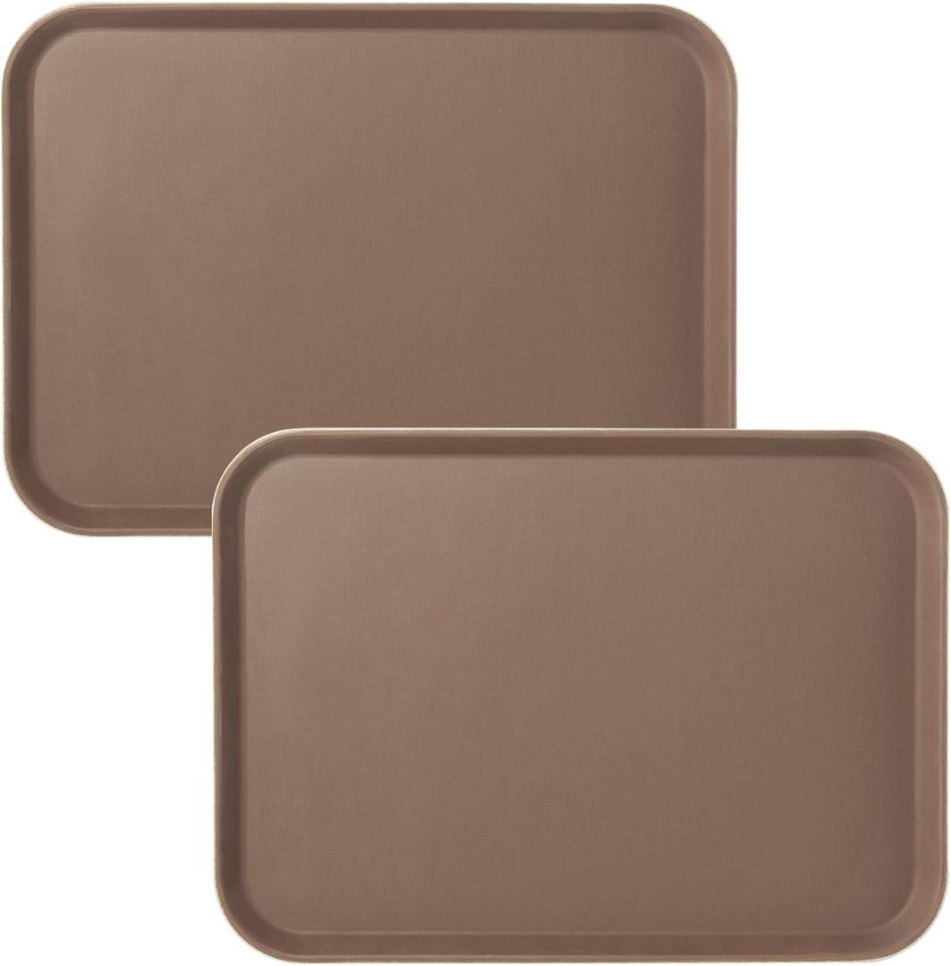 CURTA 2-Pack Restaurant Grade Non-Slip Tray, NSF, 22 Inch x 16 Inch, Plastic Rubber Lined Rectangular Serving Tray, Brown (16 Inch x 22 Inch, Brown-rectangular)