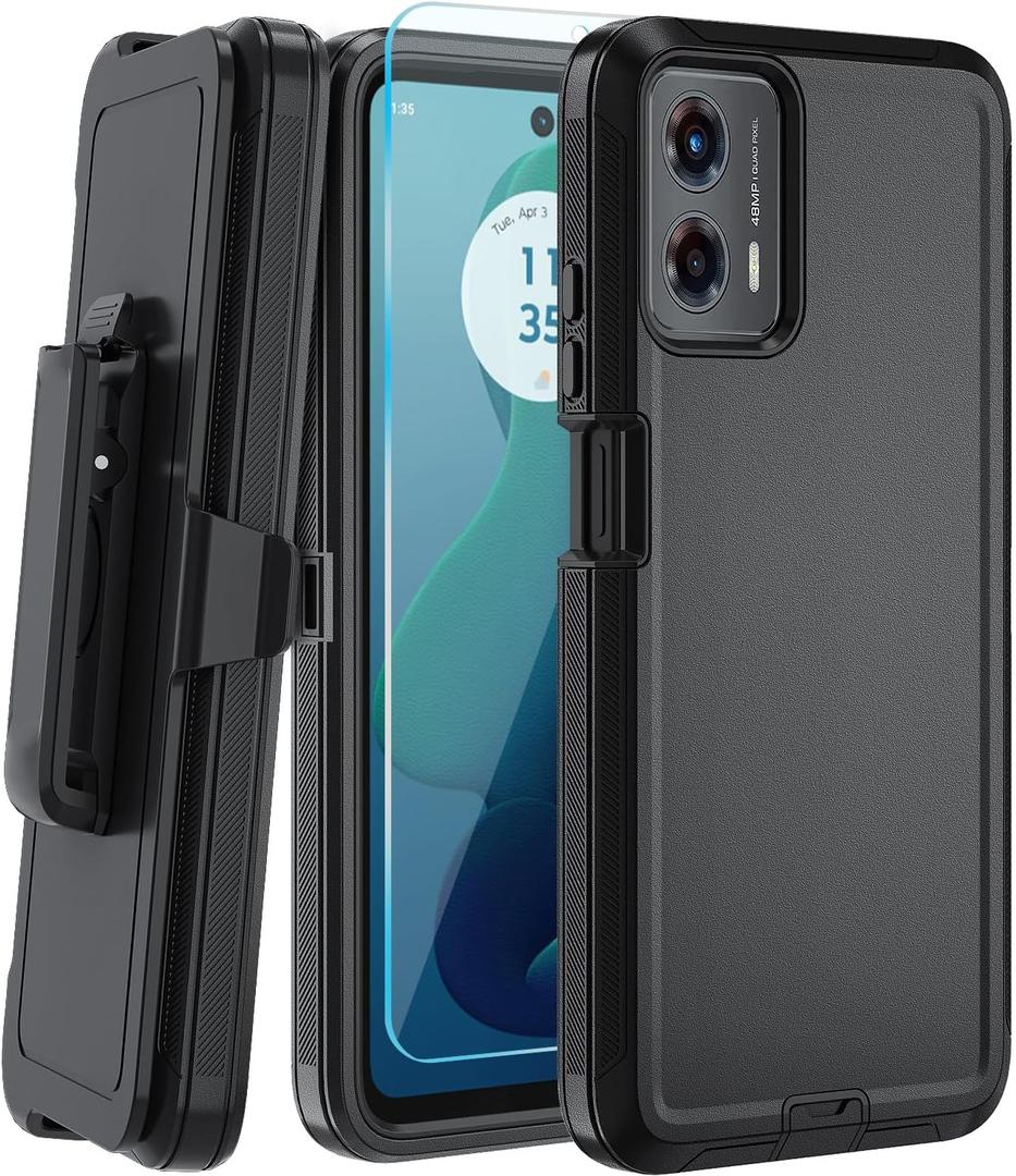for Moto G 5G 2024/ Moto G Play 5G 2024 Case, with Belt Clip,Tempered Glass Screen Protector, Heavy Duty Shockproof Drop Protective Rugged Tough Durable Phone Cover (Black)