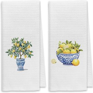 Dibor Chinoiserie Kitchen Towels Dish Towels Dishcloth Set of 2, Lemon Tree Decor Kitchen Towels, Blue and White Porcelain Decorative Absorbent Drying Cloth Hand Towels for Bathroom Kitchen