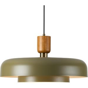 Mid Century Pendant Light 19.68" - Natural Wood Brass Accent, 2-Layer Deep Green Shade for Dining Room Kitchen