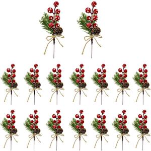 20 PCS Red Berry Pine Cones - Artificial Pine Branches Holly Stems Evergreen Christmas Berries Picks, Decoration for Xmas DIY Crafts Wreath Garland Winter Holiday Dcor