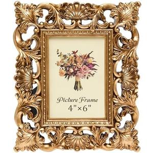 JANDERART 4x6 Inch Vintage Picture Frame, Antique Ornate Photo Frames with Glass Front, Retro Carving, Tabletop & Wall Hanging, Photo Display, Gold