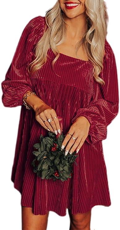 Chvity Women Velvet Backless Mini Dress Sqaure Neck Long Sleeve Casual Loose Holiday Party Winter Babydoll Velour Dressess (Large, Red)