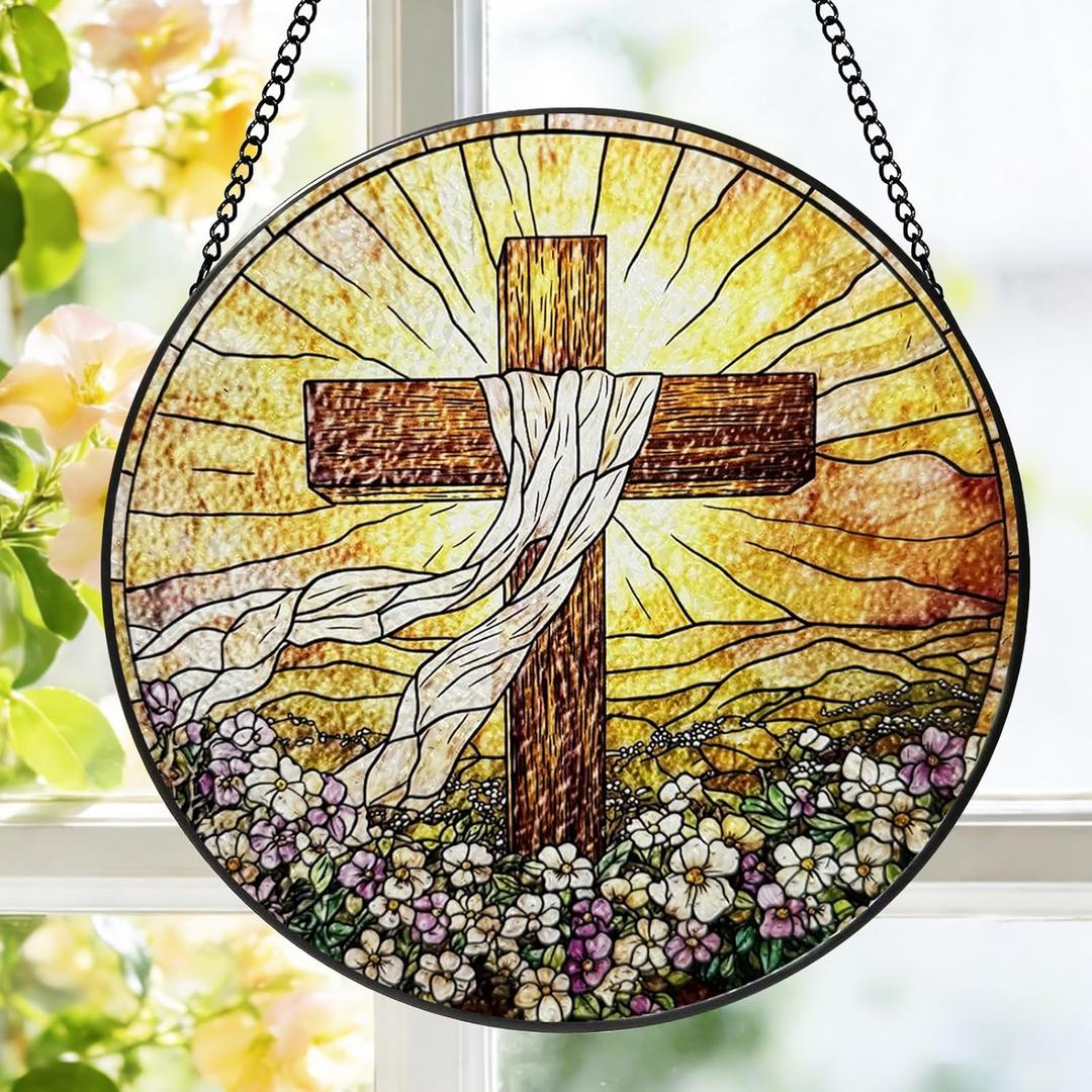 Stained Glass Window Hanging, 8 Inch Cross Wildflowers Suncatcher, Christian Sun Catchers Indoor Window, Floral Cross Religious Home Garden Decor Glass Panel, Easter Faith Christian Gifts for Women