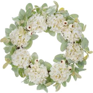 Hydrangeas Wreaths for Front Door Decor, 20" Artificial White Hydrangea Macrophylla Wreath Decorations for Spring Summer Home Door Window Outside Wall Indoor Outdoor Porch and Wedding Party