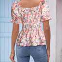 Womens Puff Short Sleeve Babydoll Tops Floral Summer Peplum Blouse Smocked Square Neck (XXL)