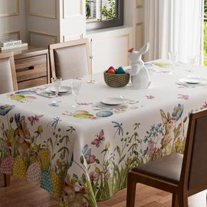 Easter Cute Bunny Eggs Flower Butterfly Watercolor Rabbits Tablecloth Rectangle Washable Table Covers for Spring Indoor Outdoor Dining Table Home Party Decorations 60x84 Inch
