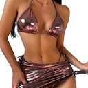 WDIRARA Women's 3 Piece Metallic Swimsuits Halter Triangle String Bikini Set with Beach Skirt