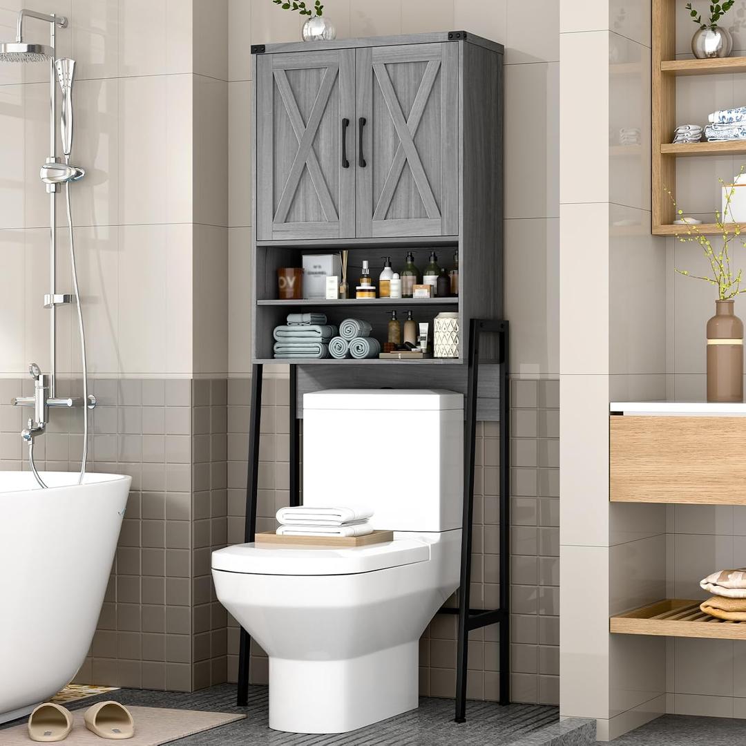 Vabches Over The Toilet Storage Cabinet, Farmhouse Over Toilet Storage Cabinet, Metal Frame with 2 Barn Doors, Home Space-Saving Toilet Rack for Bathroom, Toilet, Laundry Room.