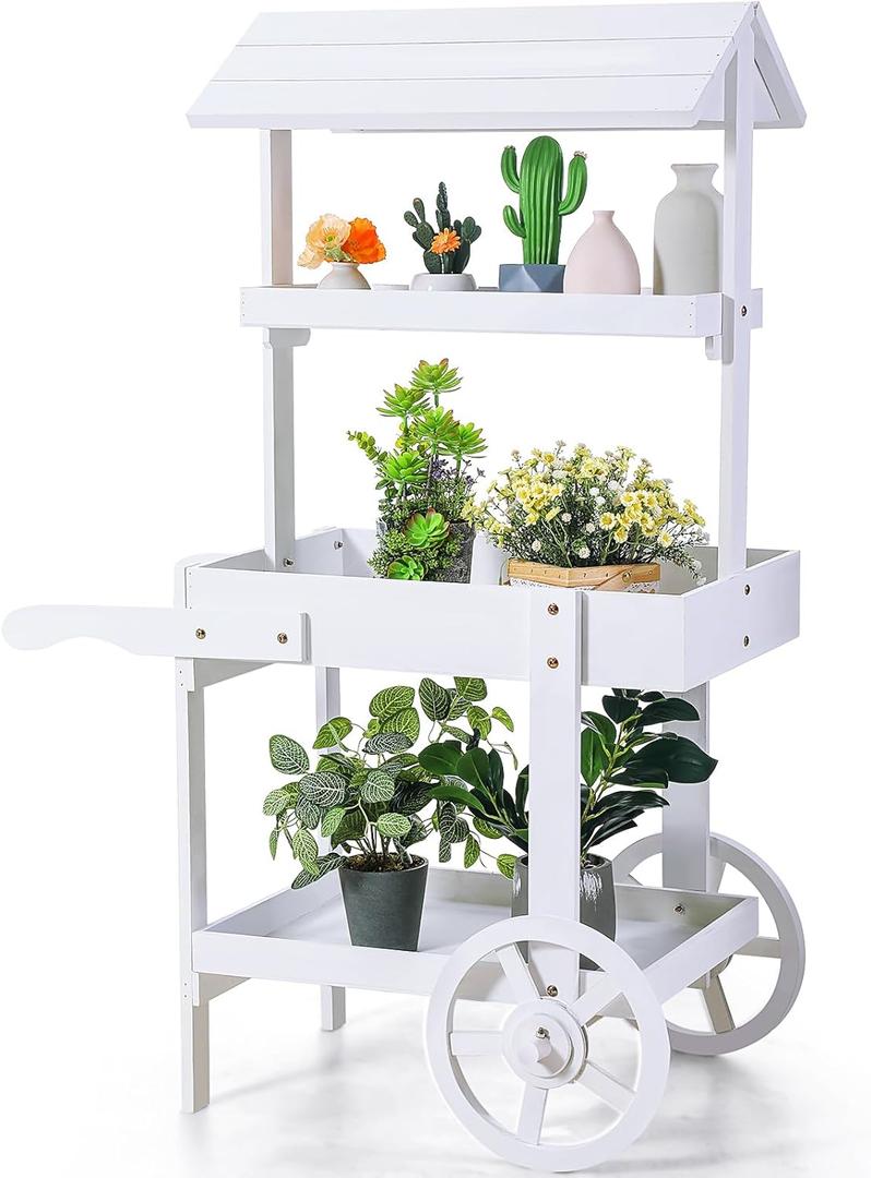 Hanaive Flower Cart Display Stand with Wheels for Bridal Shower Baby Shower Party Large Country Market Vintage Wooden 3 Tier Rolling Table Cart for Display Flower Candy Party Favors and Crafted Items (White)