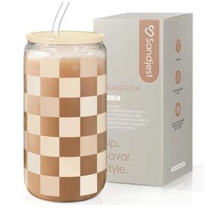 SANDJEST Checkerboard Glass Can, Beige Checker Cup with Lid & Straw, Iced Coffee Aesthetic Cups, Gift for Christmas Birthday Mother Day, Gifts for Women, 16oz