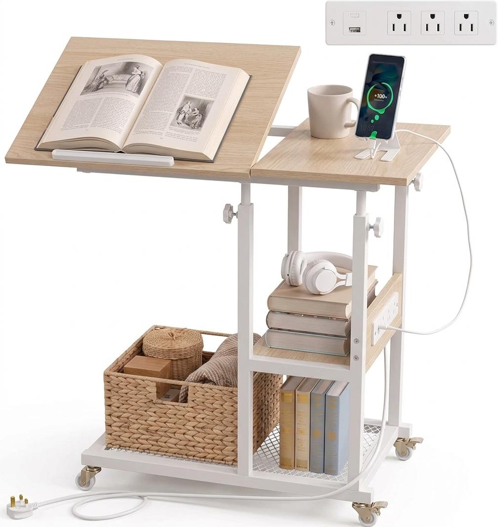 Hadulcet Adjustable C Table with Charging Station, Tiltable Desk C Shaped End Table for Couch, Over Bed Table with Wheels Adjustable Height, Hospital Table Laptop Stand Drawing Desk, Rustic Brown, 15.8 inches x 31.5 inches x 33.5 inches
