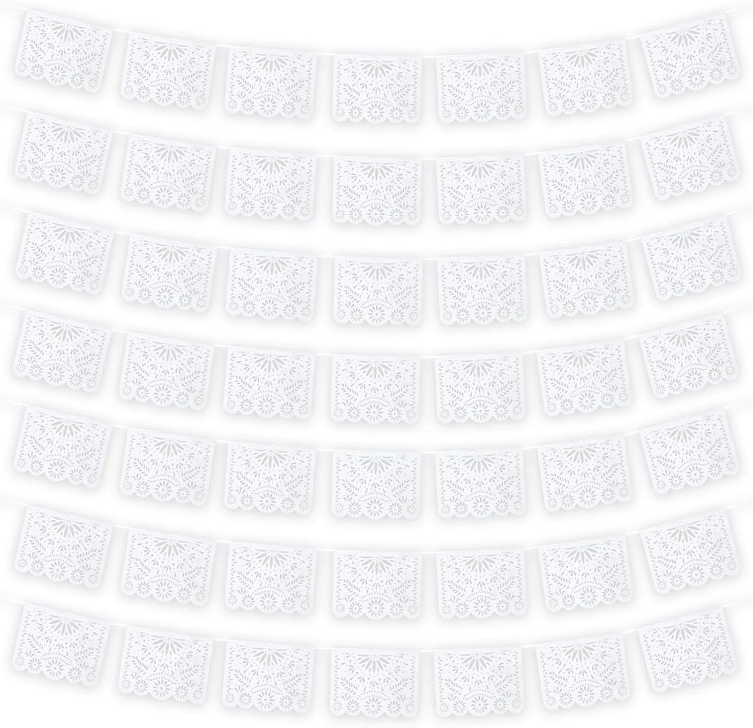 MARFOREVER White Papel Picado Banner, 33 Ft Cinco De Mayo Plastic Mexican Flag Banner Fiesta Party Decoration Mexico Wedding Decor Baby Shower, Dia de Los Muertos, Cielito Lindo Theme Decor