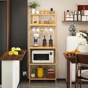 Trironsun Bamboo Bakers Rack with Charging Station 5-Tier Microwave Stand with Open Storage Shelves with 10 S-Shaped Hooks Coffee Bar Table Kitchen Utility Storage Shelf (Nature) 
