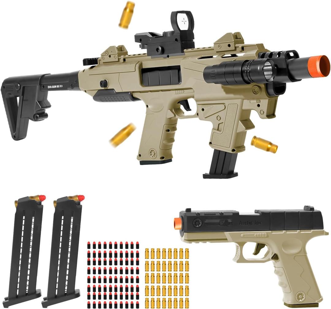 Realistic Toy Toy Gun Blaster, Soft Bullet Toy Dart Hand Gun Soft Bullet Pistol Foam Shell ejecting Blasters, with 2 Clips & 80 Foam Bullets, Gifts for Boys Girls Adults Age 8+ (Brown)