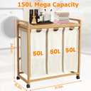 Bamboo Laundry Hamper 3 Section with Lid, 150L Laundry Sorter with Lockable Wheels, Pull-Out Removable Washable Bags, 3 12.5 Gal Divided Laundry Baskets for Laundry Room, Bathroom (Beige)
