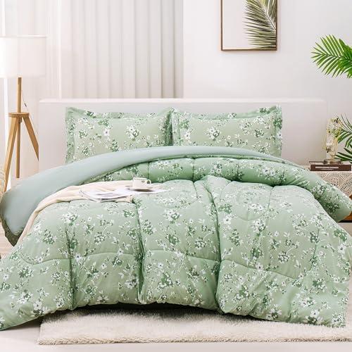 Mooreeke Floral Queen Size Comforter Sets, Vintage Sage Green Botanical Flower, Lightweight Bedding for All Seasons, 3-Piece Bed in a Bag with Fluffy Quilted Reversible Comforter & 2 Pillow Shams. Queen Size