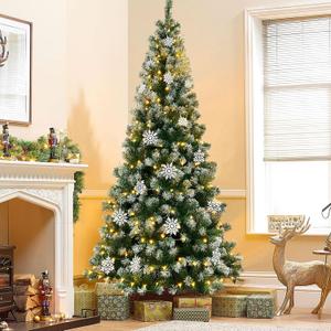 Hatisan Artificial Christmas Trees with 600 Branch Tips, 150pcs Led Lights, Snowflakes Decorations and Tree Stand, Christmas Decorations for Holiday Party Indoor Outdoor(Snowflakes, 6ft)