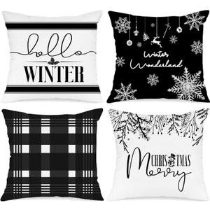Lanpn Hello Winter Merry Christmas Throw Pillow Covers 16x16 Set of 4, Decorative Black and White 16 inch Xmas Holiday Cushion Pillow Cases Home Outside Porch Decor Decorations