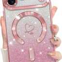 Bonoma Compatible with iPhone 17 Pro Max Case 2025 Support for MagSafe, Plating Heart Glitter Magnetic Case TPU Camera Protection Back Cover for Phone Case -Pink