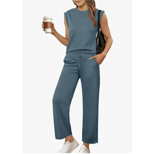 Glamaker Women's 2 Piece Sets Summer Lounge Travel Outfits Sleeveless Wide Leg Airport Casual Trendy Sweatsuits M