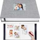 Large Photo Album Self Adhesive with Picture Display Window, DIY Scrapbook Album for 4x6 8x10 Pictures, 40 Pages Linen Cover Memory Book with Scraper and Metallic Pen(Grey)