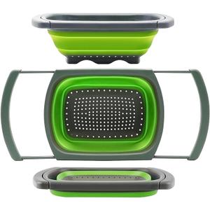 Qimh Colander collapsible, Colander Strainer Over The Sink Vegetable Fruit Strainer Basket (6 Quart) with Extendable Handles, New Kitchen Essentials (Green)
