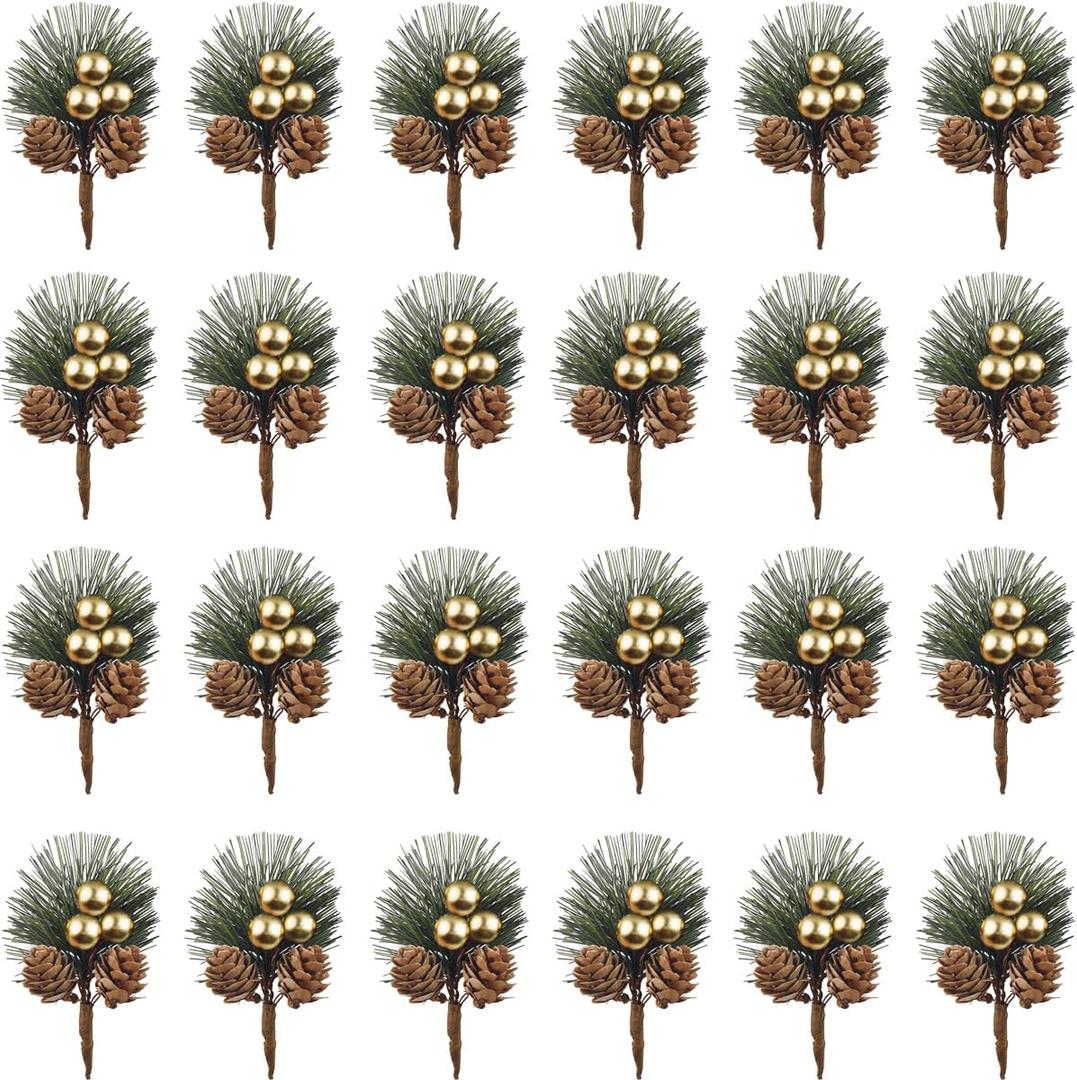 TIHOOD 25PCS Artificial Pine Picks, Pine Needles Branches with Gold Berry Stems, Small Fake Berries Pinecones Branches for Crafts Christmas Tree DIY Garland Holiday Wreath(Gold)