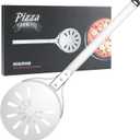 Pizza Turning Peel, 8-inch Pizza Peel Turner Spinner, Long Handle Perforated Aluminum Pizza Peel with Silicone Hook, Pizza Oven Accessories