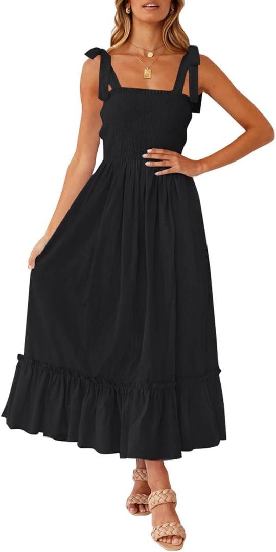 ZESICA Women's 2026 Summer Boho Spaghetti Strap Square Neck Solid Color Ruffle A Line Beach Long Maxi Dress (Medium)