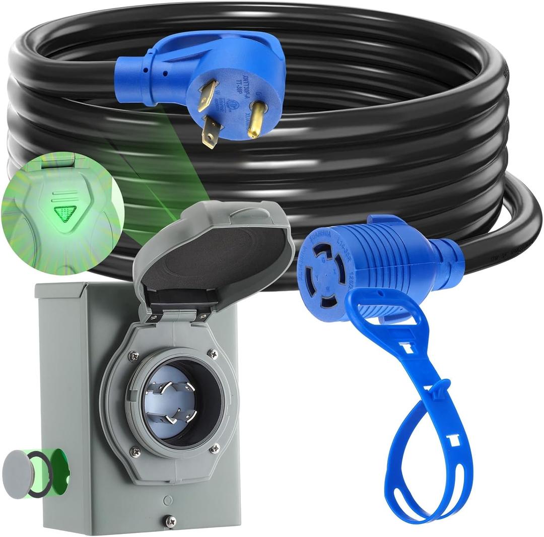 Kanayu 15 FT 30 Amp Generator Cord and Pre-Drilled Power Inlet Box Compatible with NEMA TT-30P to L14-30R, 3 Prong to 4 Prong Generator Plug Adapter, RV to House Inlet Box, STW 10 AWG, ETL Listed