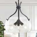 15.7" Large Glass Chandelier, 3-Light Industrial Farmhouse Chandelier, Black Round Pendant Light Fixture with Glass Shade for Dining Room Kitchen Sink Hallway Entryway