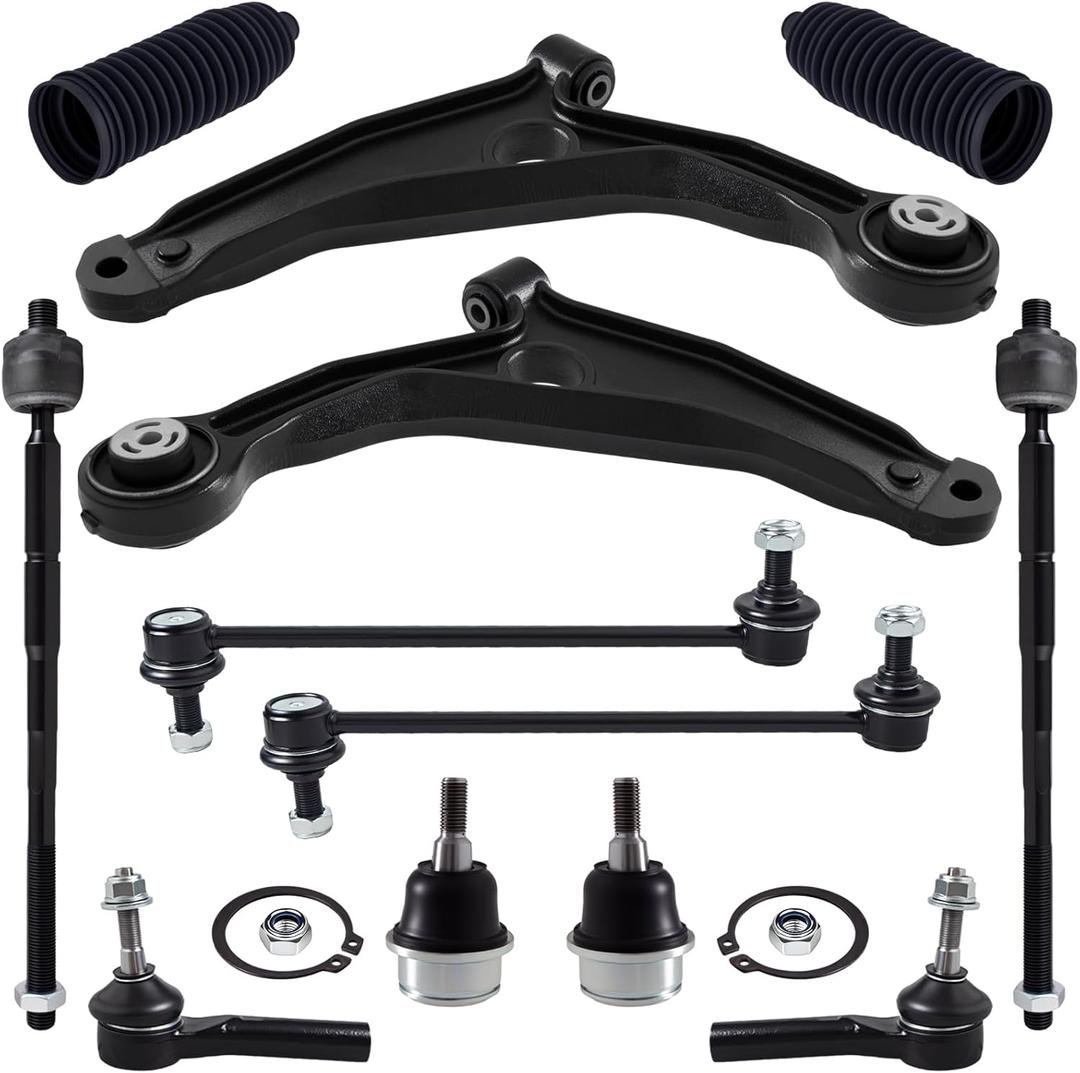 TUCAREST 12Pcs Suspension Kit Fit For 2009-2020 Do-dge Journey, 2 Front Lower Control Arm + 2 Ball joint + 4 Outer Inner Tie Rod + 2 Sway Bar [# K641333 K641334 K750382 K500120 EV800611 ES800408]