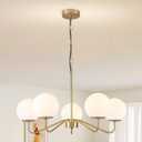 5-Light Gold Modern Chandeliers for Dining Room, Mid-Century Sputnik Chandelier Light Fixture with Large Milk White Glass Globe, Height Adjustable for Farmhouse Kitchen Island Living Room Bedroom