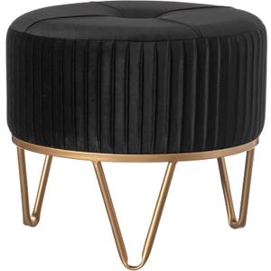 Round Velvet Ottoman Stool Raised with Hairpin Gold Base, Black, Small