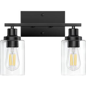 Bathroom Light Fixtures, Black 2-Light Vanity Lights, Modern Bathroom Vanity Light with Clear Glass Shade, Wall Lamp with Metal Frame over Mirror, Vanity Lights for Washroom Bedroom Hallway E26 Base