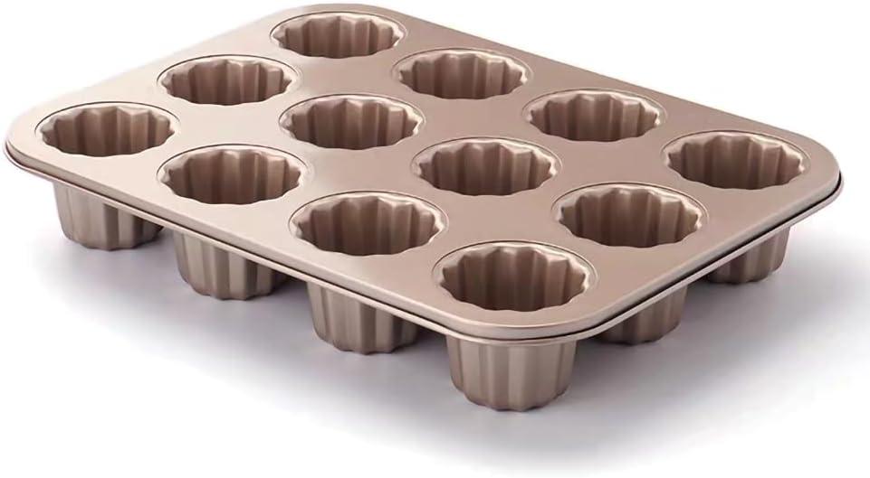 Canele Molds Baking Pan for Cupcake Muffin Cake Canneles Forms Non-Stick Carbon Steel Gold 12-Cup