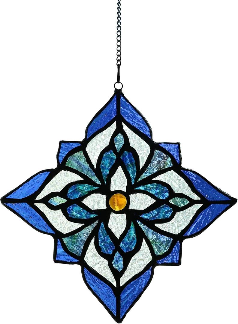 Stained Glass Window Hangings, Tiffany Style Window Panel Suncatchers Blue Art Flower