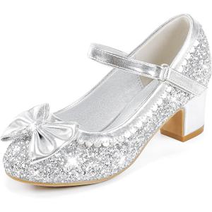 Princess Shoes High Heel Toddler Girls Dress Shoes Cute Bowknot Sparkle Mary Jane Flower Girls Wedding Birthday Party Prom for Little Big Kids (Silver Sequins)