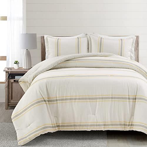 Lush Decor Farmhouse Stripe Reversible Cotton Comforter Set, 3 Piece Set, King, Yellow & Gray - Cozy Farmhouse Bedding Set - Rustic Decor - Striped Comforter - Modern Farmhouse Bedroom Decor