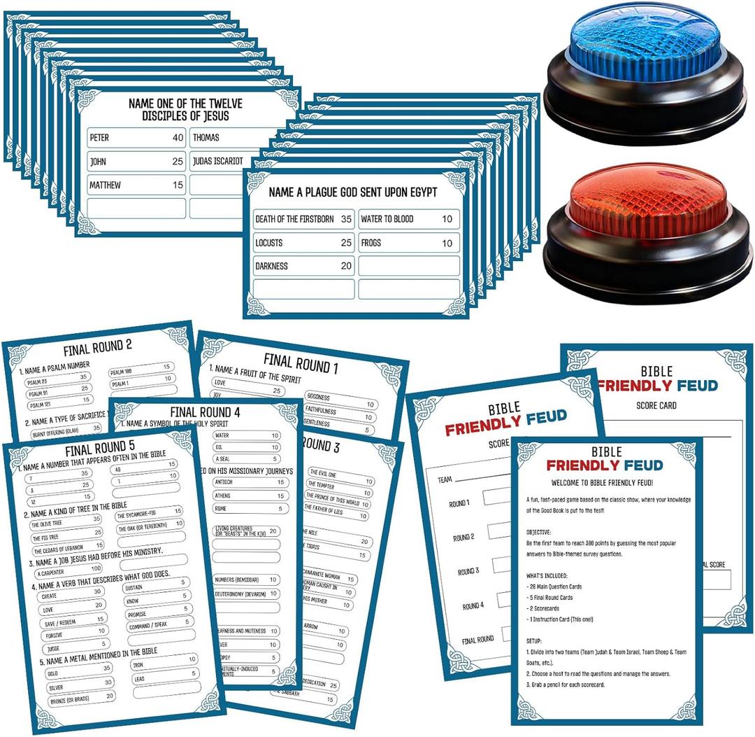 Christian Bible Family Feud Game with 2 Buzzers,Religious Trivia Quiz Card Game for Church Groups,Easter Parties,Team Building & Family Game Night (28 Cards)