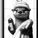 SYWENNOI Framed Otter Bathroom Canvas Wall Art Black and White 16x24 inches