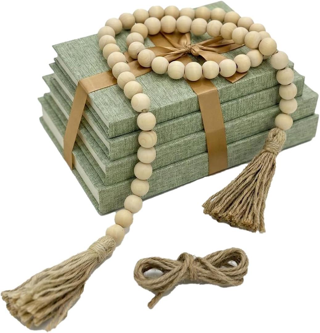 Decorative Books for Home Decor-Set of 4 Real Linen Decorative Books, Stacked Books with Wood Bead Garland, Jute Twine & Satin Ribbon, Neutral Modern Farmhouse & Boho Shelf Decor (Sage)
