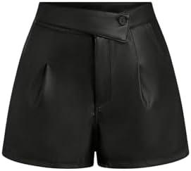 OYOANGLE Women's Minimalist Leather Button Pleated Shorts Zipper High Waisted Straight Leg Casual Shorts, No Size