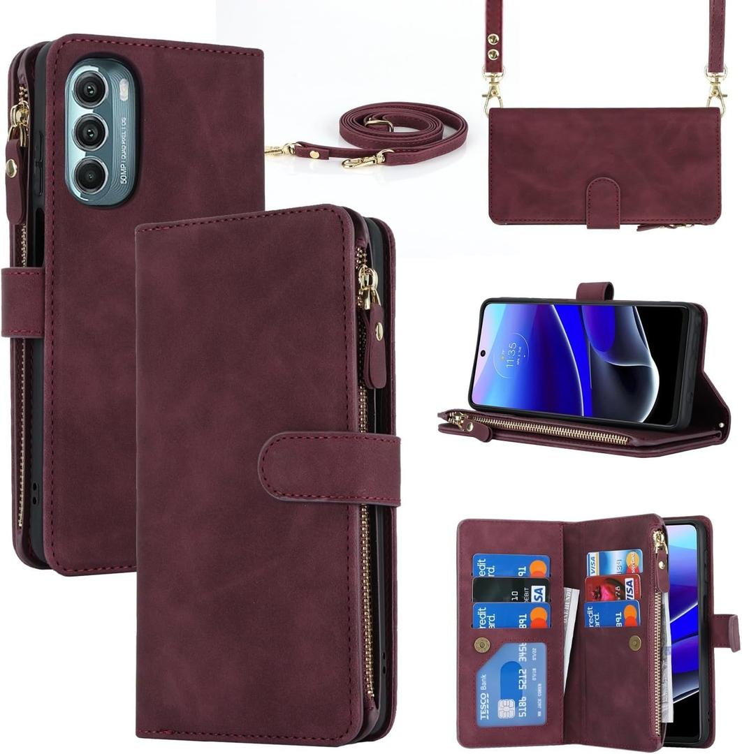 iCoverCase for Motorola Moto G Stylus 5G 2022 Wallet Case with Card Holder, Kickstand Feature PU Leather Case with Adjustable Crossbody Lanyard Magnetic Clasp Zipper Pocket Flip Cover (Claret)